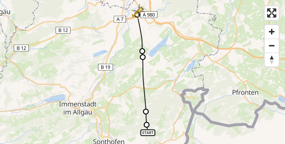 Flugroute Rettungshubschrauber Bad Hindelang - Kempten-Durach Flugplatz, 25 Juli 2026, 14:05