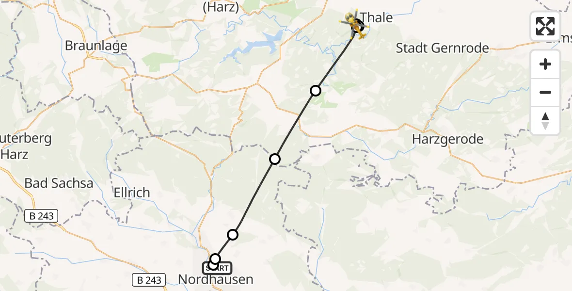 Flugroute Rettungshubschrauber Südharz Hospital Nordhausen - Blankenburg (Harz), 25 Juli 2026, 14:06