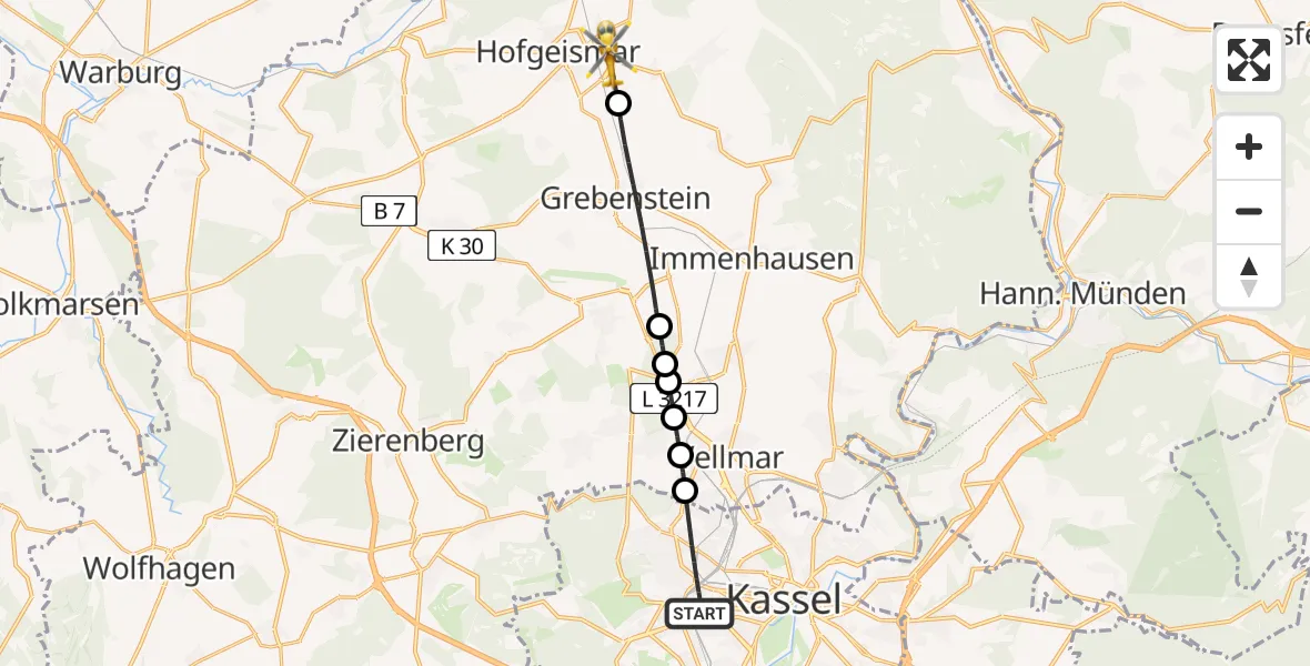 Flugroute Rettungshubschrauber Kassel - Hofgeismar, 25 Juli 2026, 14:07