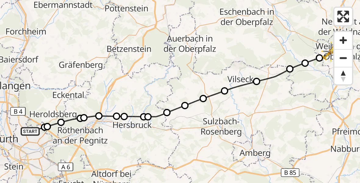 Flugroute Ambulanzhubschrauber Flughafen Nuremberg - Weiden i.d.OPf., 25 Juli 2026, 14:10