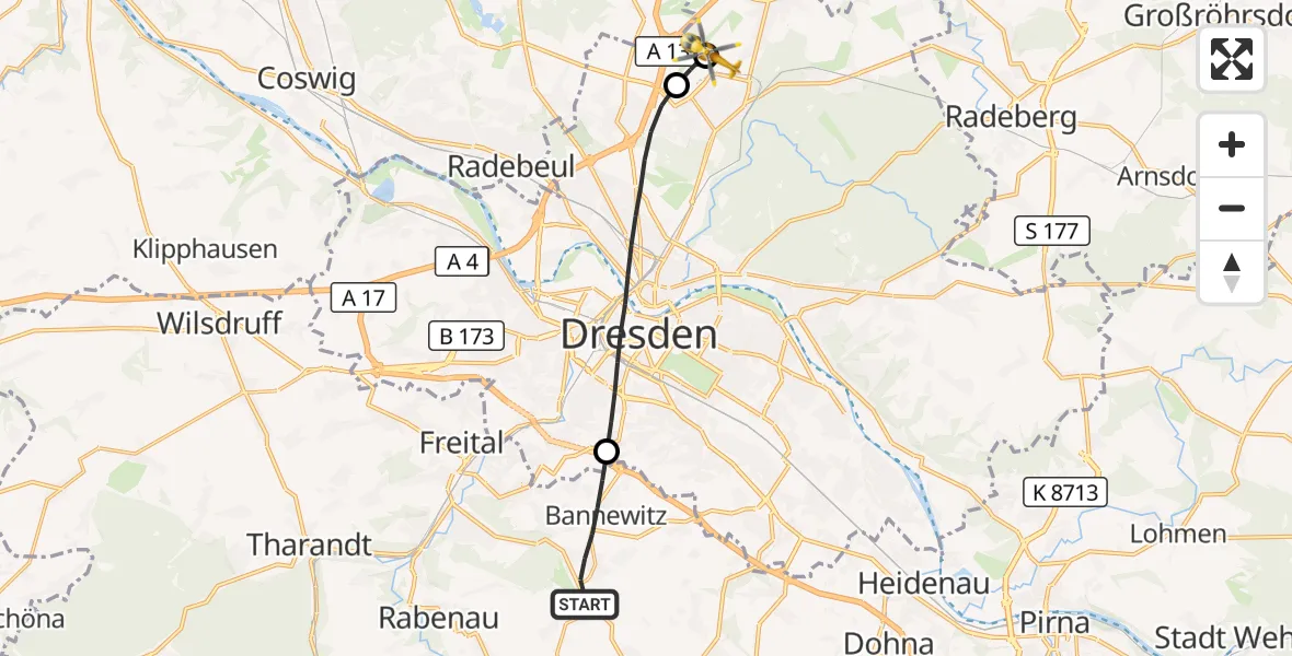 Flugroute Rettungshubschrauber Bannewitz - Dresden Bundespolizei Hubschrauberlandeplatz, 25 Juli 2026, 14:10