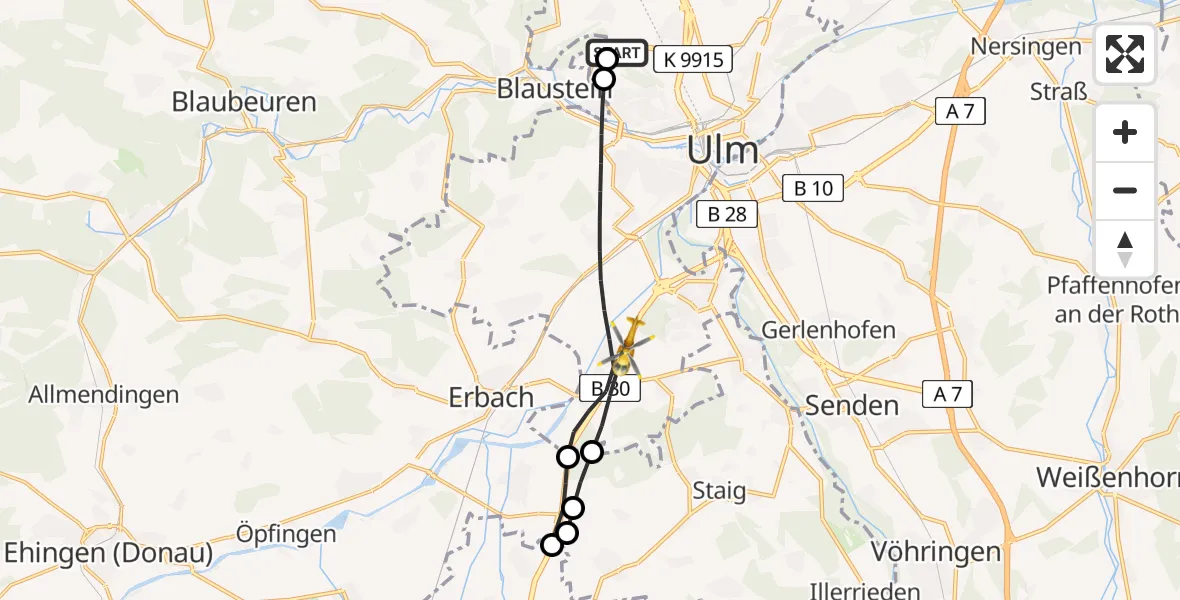 Flugroute Rettungshubschrauber Ulm Military Hospital Emergency - Ulm, 25 Juli 2026, 14:11