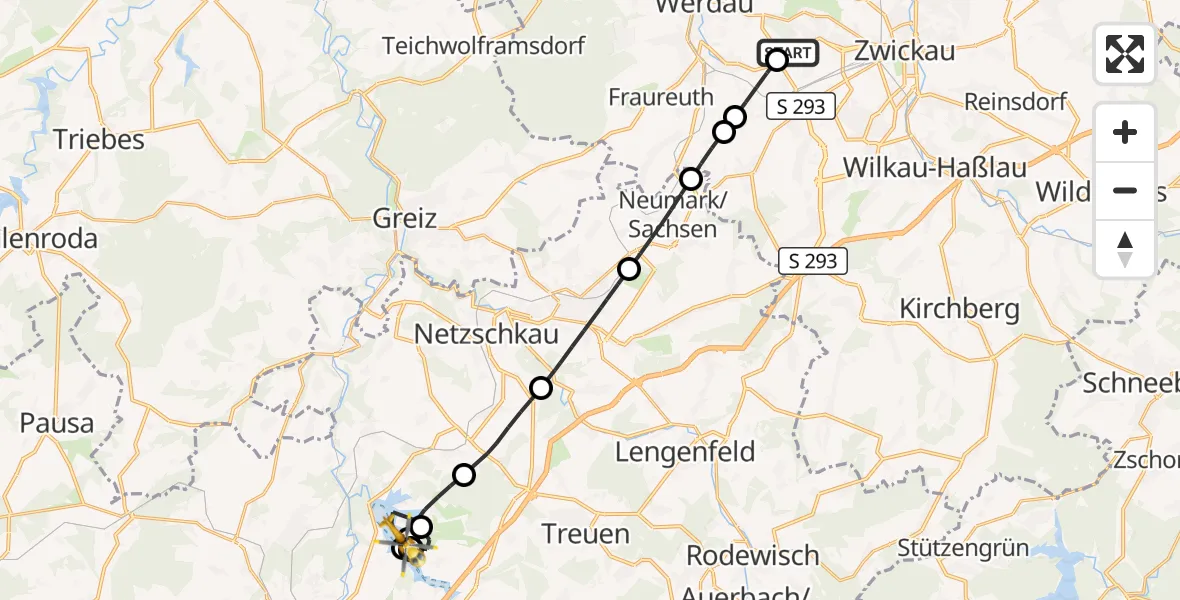 Flugroute Rettungshubschrauber ADAC Air Rescue Station Zwickau Hubschrauberlandeplatz - Pöhl, 25 Juli 2026, 14:15
