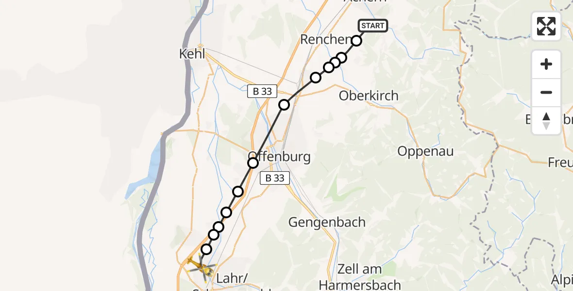 Flugroute Rettungshubschrauber Achern - Lahr Flughafen, 25 Juli 2026, 14:16