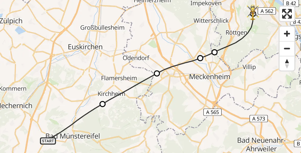 Flugroute Rettungshubschrauber Bad Münstereifel - Bonn University Hospital, 25 Juli 2026, 14:20