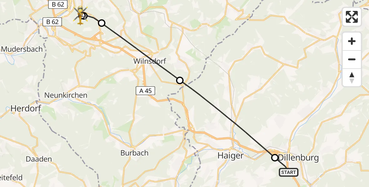 Flugroute Rettungshubschrauber Dillenburg - Evangelisches Jung-Stilling Hospital, 25 Juli 2026, 14:23