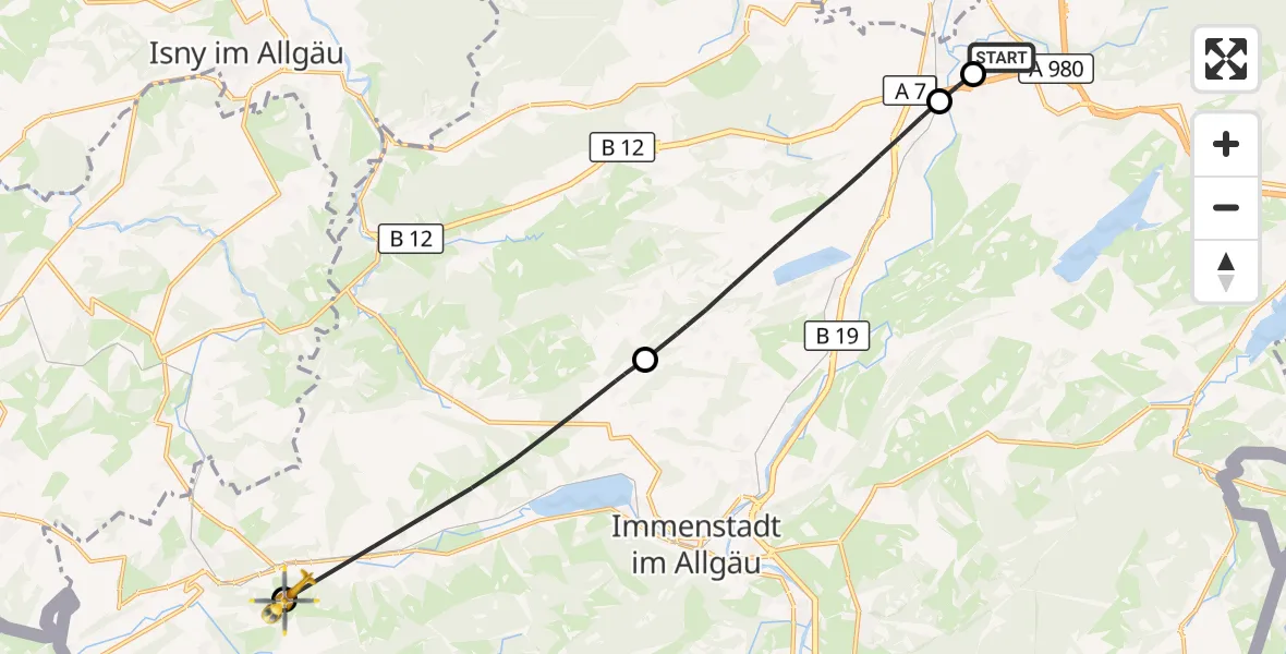 Flugroute Rettungshubschrauber Kempten-Durach Flugplatz - Oberstaufen, 25 Juli 2026, 14:28