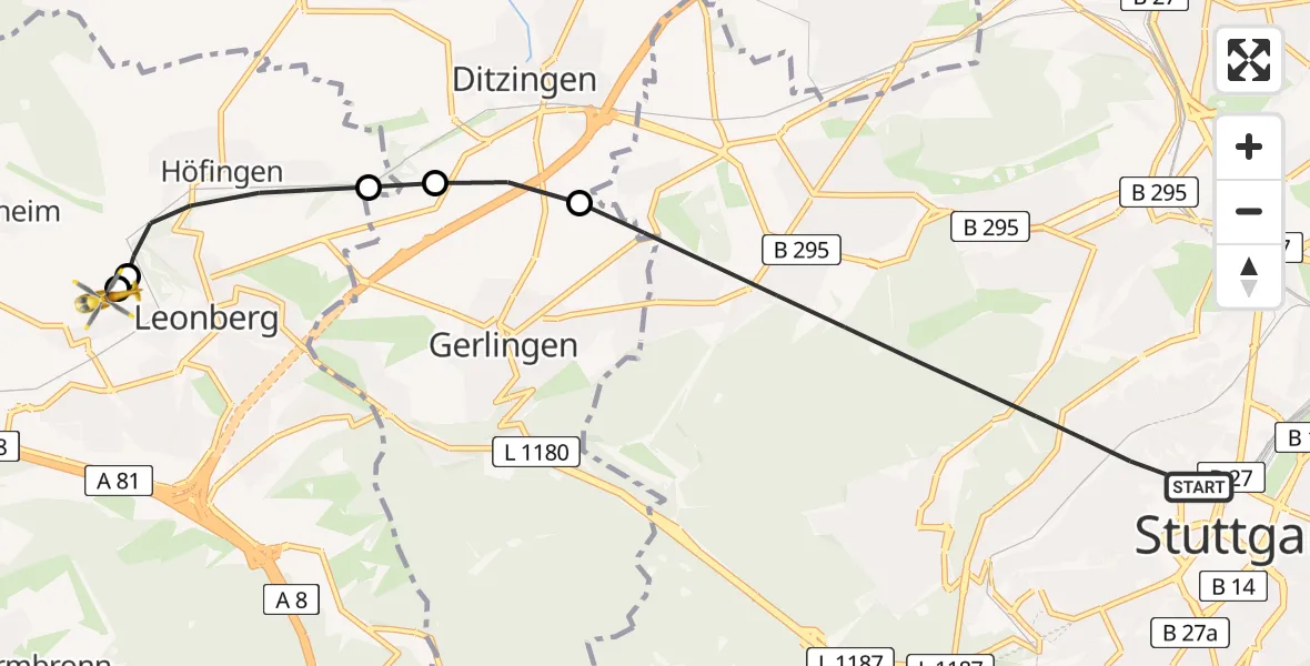 Flugroute Rettungshubschrauber Stuttgart - Leonberg Hospital, 25 Juli 2026, 14:29