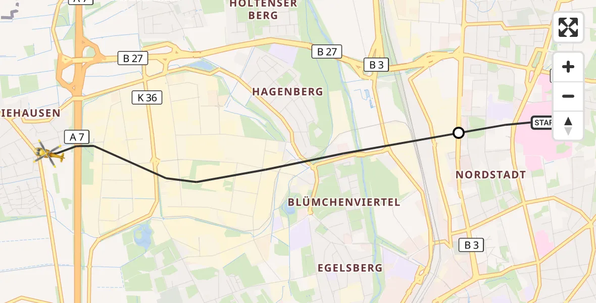 Flugroute Rettungshubschrauber Göttingen University Clinic Hubschrauberlandeplatz - Göttingen, 25 Juli 2026, 14:32