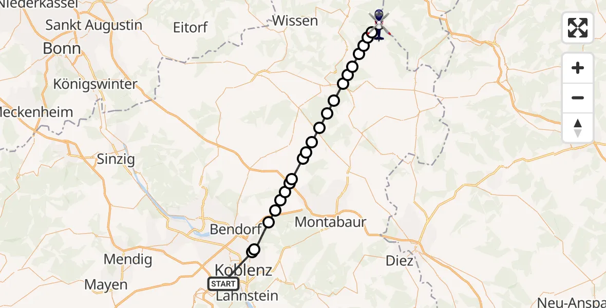 Flugroute Polizeihubschrauber Koblenz - Herdorf, 25 Juli 2026, 14:33