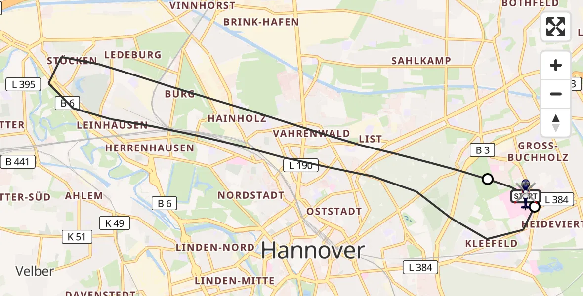 Flugroute Polizeihubschrauber Hannover Luftrettung Hubschrauberlandeplatz (Christoph 4) - Hannover Luftrettung Hubschrauberlandeplatz (Christoph 4), 25 Juli 2026, 14:36