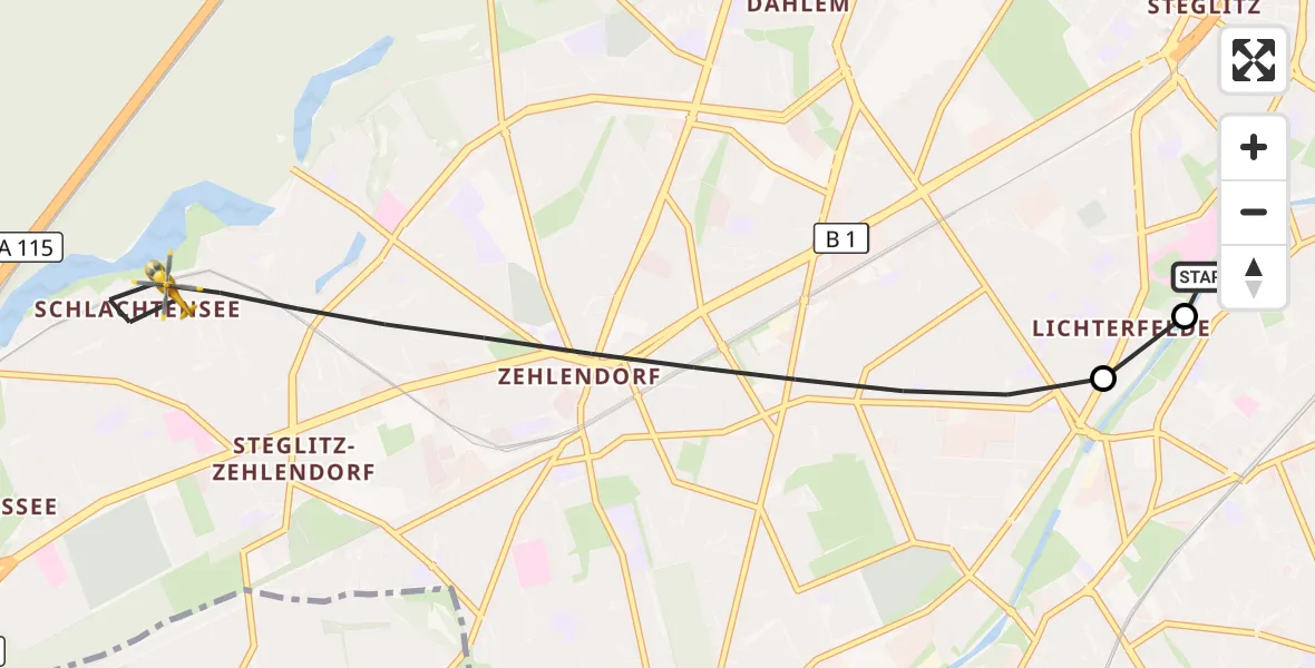 Flugroute Rettungshubschrauber Charité Clinic Benjamin Franklin Campus - Berlin, 25 Juli 2026, 14:42