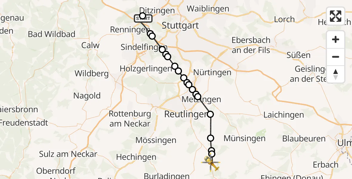 Flugroute Rettungshubschrauber Leonberg Hospital - Hohenstein, 25 Juli 2026, 14:44