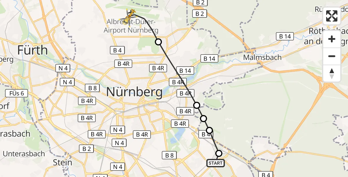 Flugroute Ambulanzhubschrauber Nürnberg South Hospital - Flughafen Nuremberg, 25 Juli 2026, 14:45