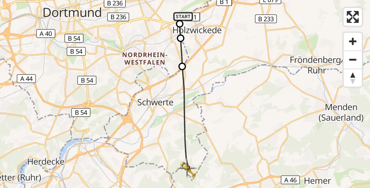 Flugroute Rettungshubschrauber Dortmund Flughafen - Schwerte, 25 Juli 2026, 14:46