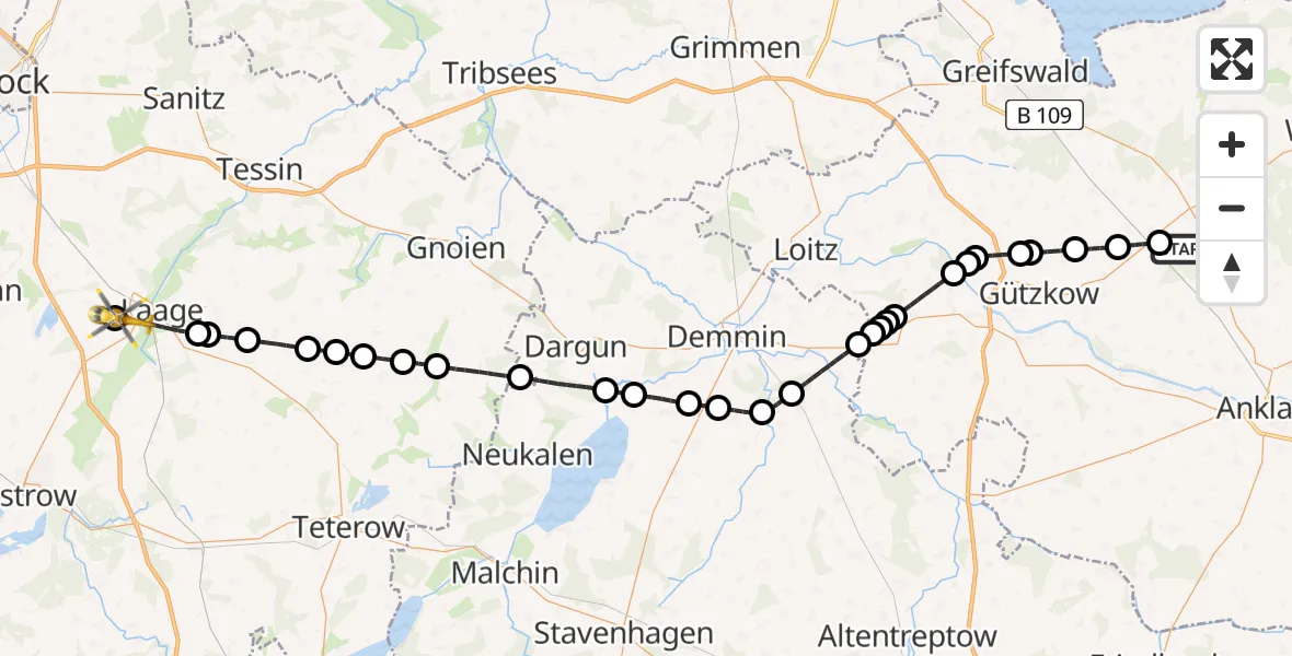 Flugroute Rettungshubschrauber Karlsburg - Laage, 25 Juli 2026, 14:46
