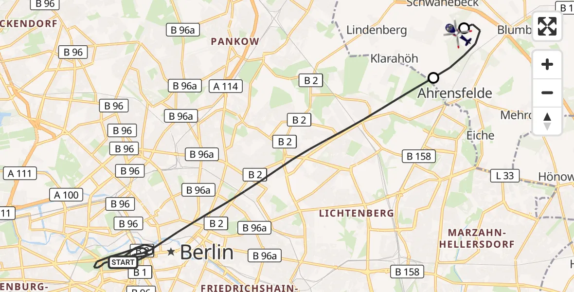 Flugroute Polizeihubschrauber Berlin - Ahrensfelde Hubschrauberlandeplatz, 25 Juli 2026, 14:47