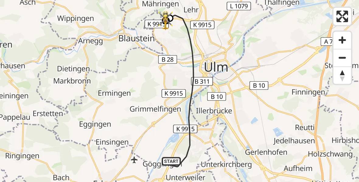 Flugroute Rettungshubschrauber Ulm - ADAC Air Rescue Station Ulm (Christoph 22), 25 Juli 2026, 14:47