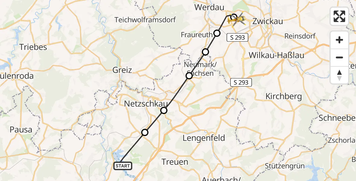 Flugroute Rettungshubschrauber Pöhl - ADAC Air Rescue Station Zwickau Hubschrauberlandeplatz, 25 Juli 2026, 14:55