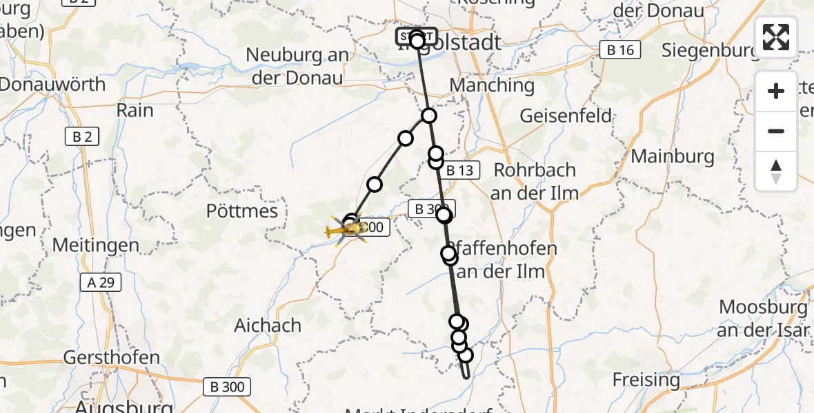 Flugroute Rettungshubschrauber Ingolstadt Hospital - Schrobenhausen, 25 Juli 2026, 14:58