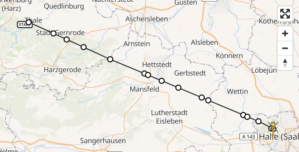 Flugroute Rettungshubschrauber Blankenburg (Harz) - Halle (Saale) University Hospital, 25 Juli 2026, 14:59