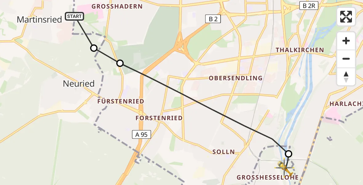 Flugroute Rettungshubschrauber DRF Air Rescue München Hubschrauberlandeplatz - Pullach i.Isartal, 25 Juli 2026, 15:00