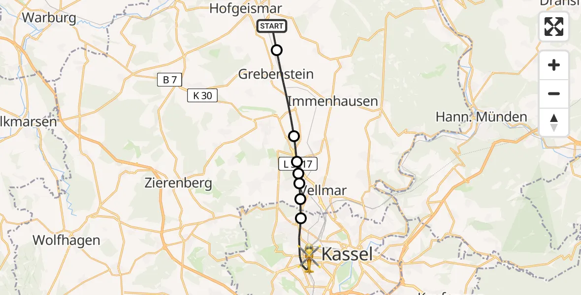 Flugroute Rettungshubschrauber Hofgeismar - Kassel, 25 Juli 2026, 14:59