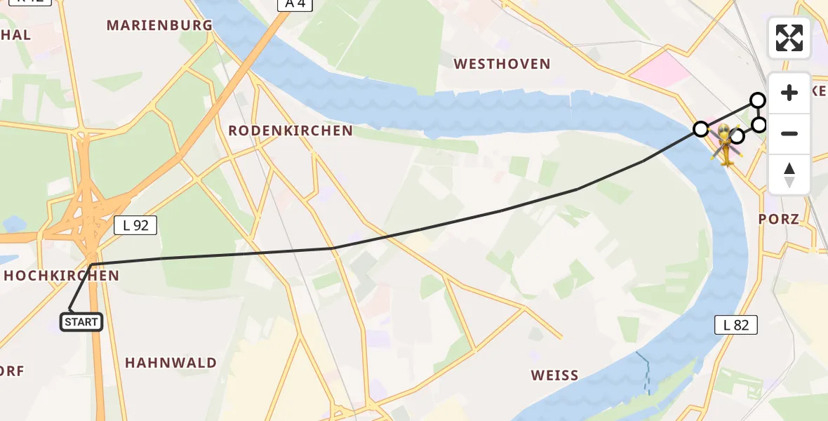 Flugroute Rettungshubschrauber Köln - Porz am Rhein Hospital, 25 Juli 2026, 15:00