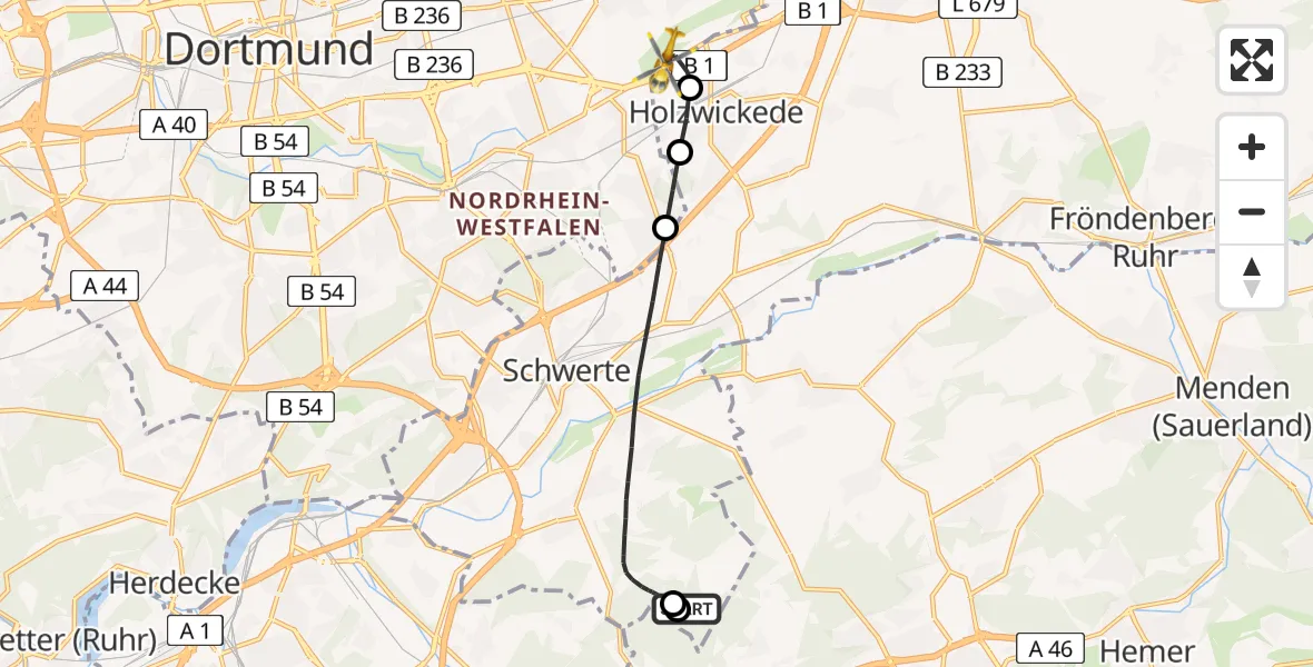 Flugroute Rettungshubschrauber Schwerte - Dortmund Flughafen, 25 Juli 2026, 15:01