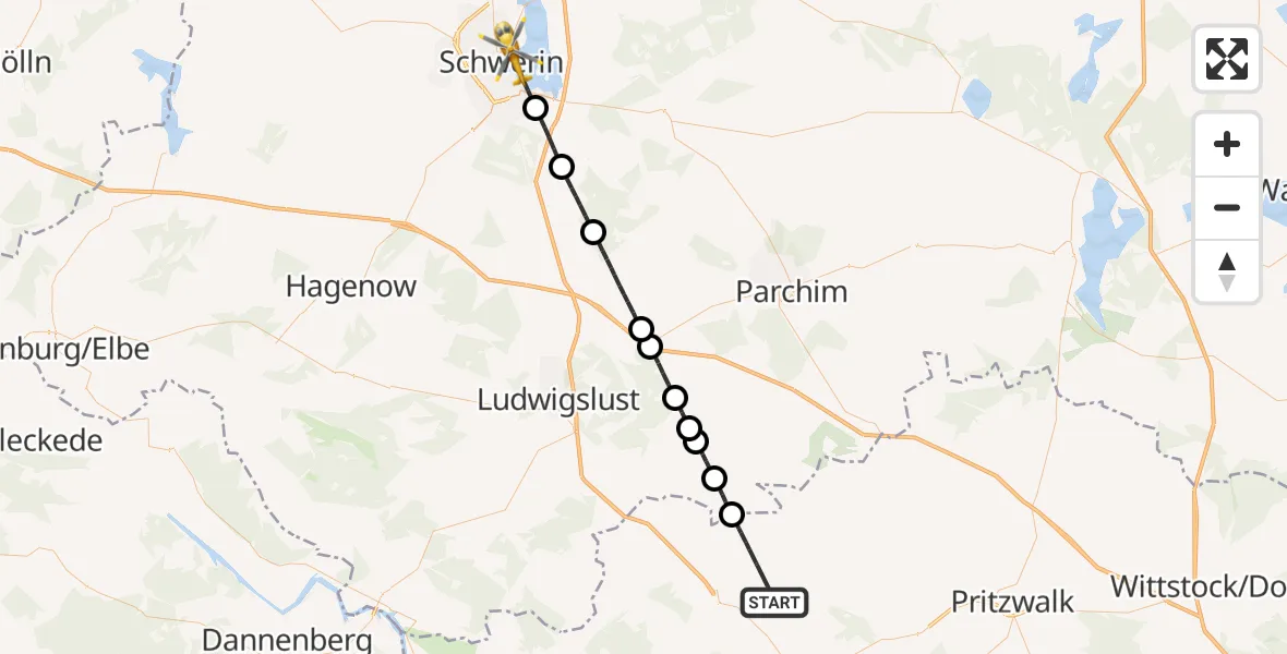 Flugroute Rettungshubschrauber Karstädt - Schwerin, 25 Juli 2026, 15:03