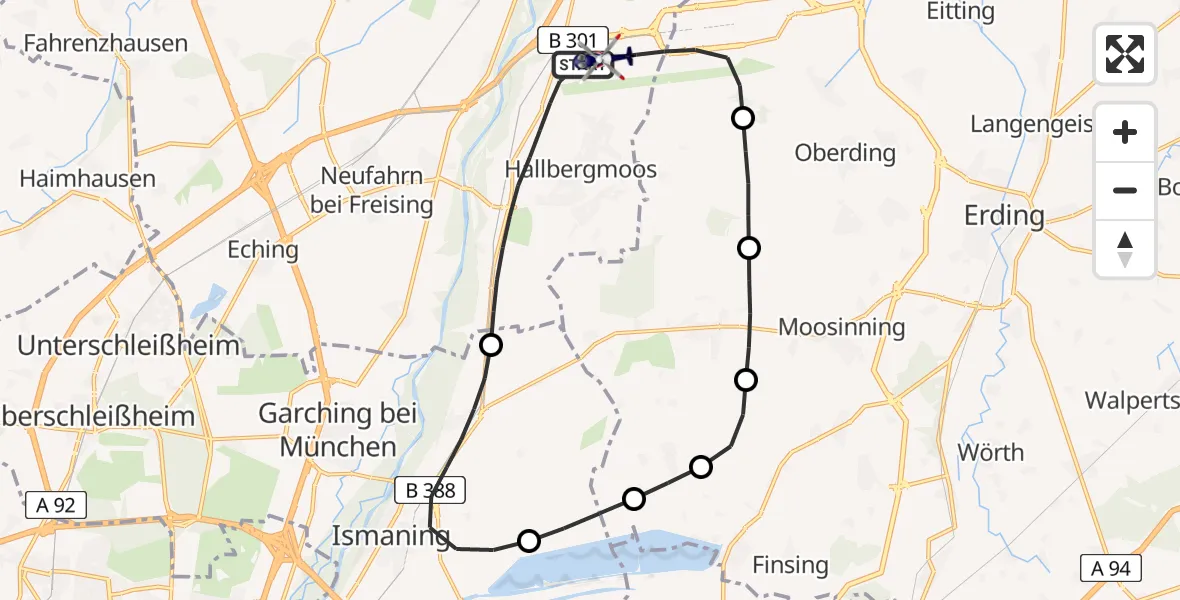 Flugroute Polizeihubschrauber Hallbergmoos - München Flughafen, 25 Juli 2026, 15:08