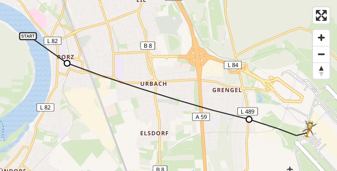 Flugroute Rettungshubschrauber Porz am Rhein Hospital - Köln Bonn Flughafen, 25 Juli 2026, 15:08
