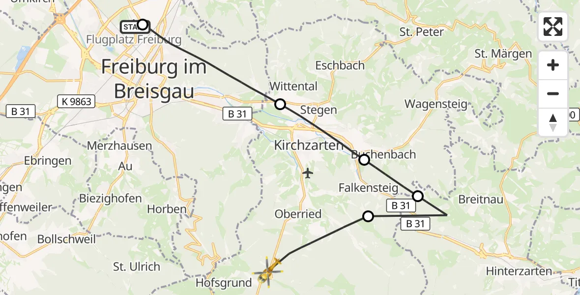 Flugroute Ambulanzhubschrauber Freiburg im Breisgau Flugplatz - Oberried, 25 Juli 2026, 15:08