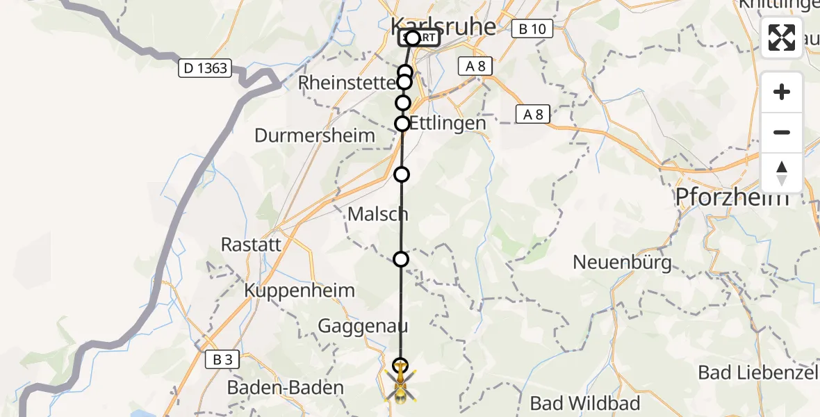 Flugroute Ambulanzhubschrauber Sankt Vincentius Hospital - Gernsbach, 25 Juli 2026, 15:11