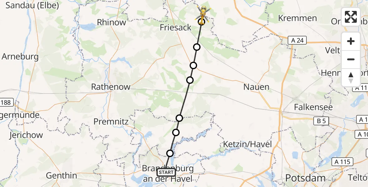 Flugroute Rettungshubschrauber Brandenburg an der Havel - Friesack, 25 Juli 2026, 15:14
