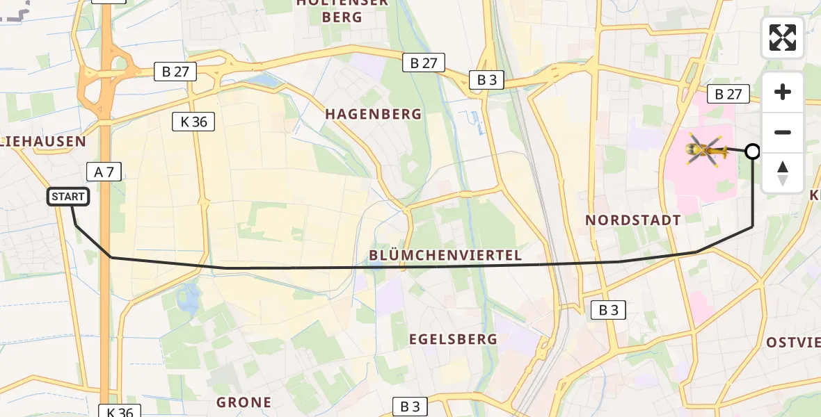 Flugroute Rettungshubschrauber Göttingen - Göttingen University Clinic Hubschrauberlandeplatz, 25 Juli 2026, 15:14