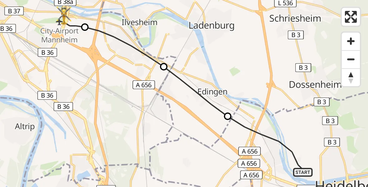 Flugroute Rettungshubschrauber Heidelberg - Mannheim-City Flughafen, 25 Juli 2026, 15:14