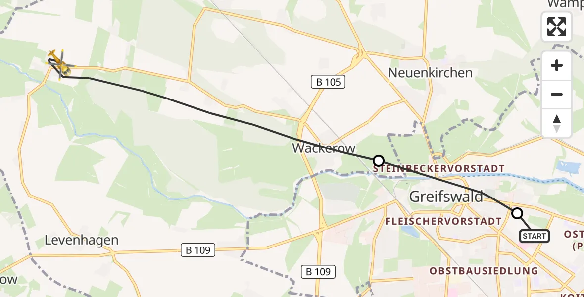 Flugroute Ambulanzhubschrauber Greifswald Hospital - Wackerow, 25 Juli 2026, 15:15