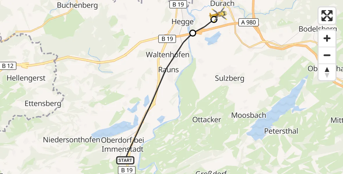 Flugroute Rettungshubschrauber Waltenhofen - Kempten-Durach Flugplatz, 25 Juli 2026, 15:20