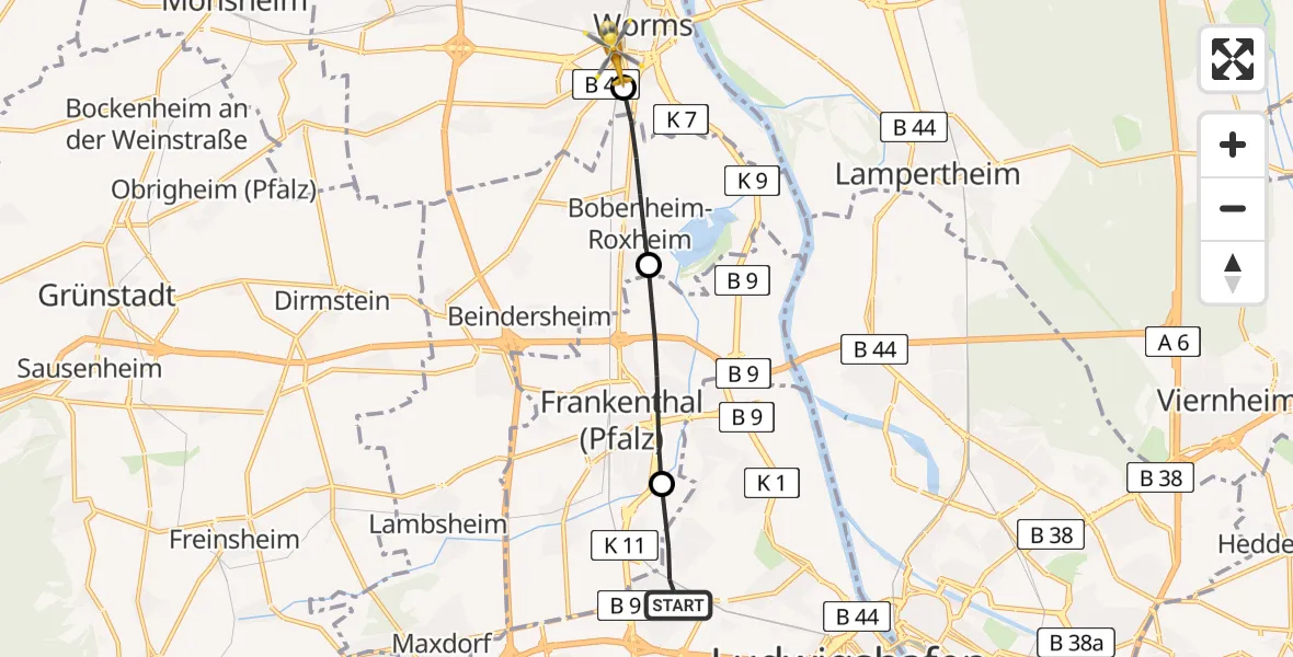 Flugroute Rettungshubschrauber Ludwigshafen am Rhein - Worms, 25 Juli 2026, 15:22