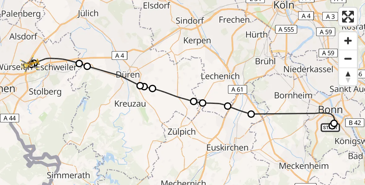 Flugroute Rettungshubschrauber Bonn University Hospital - Aachen-Merzbrück Flughafen, 25 Juli 2026, 15:23
