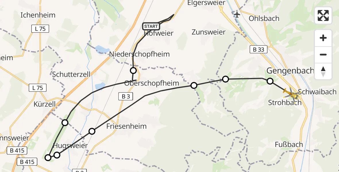 Flugroute Rettungshubschrauber Hohberg - Gengenbach, 25 Juli 2026, 15:30