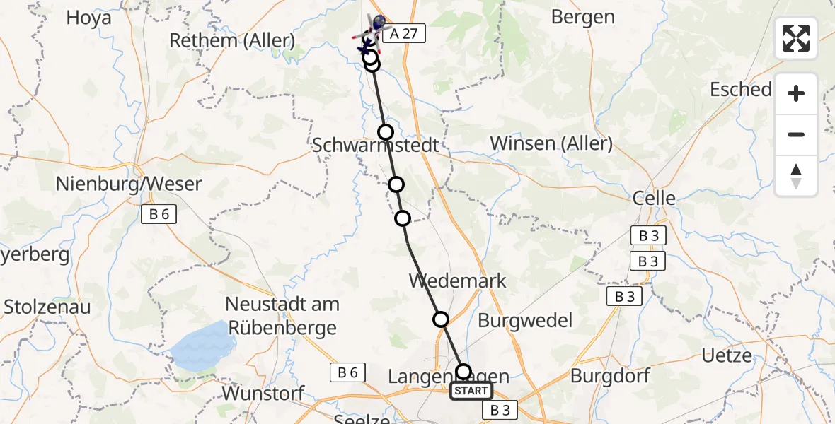 Flugroute Polizeihubschrauber Hannover - Walsrode, 25 Juli 2026, 15:30