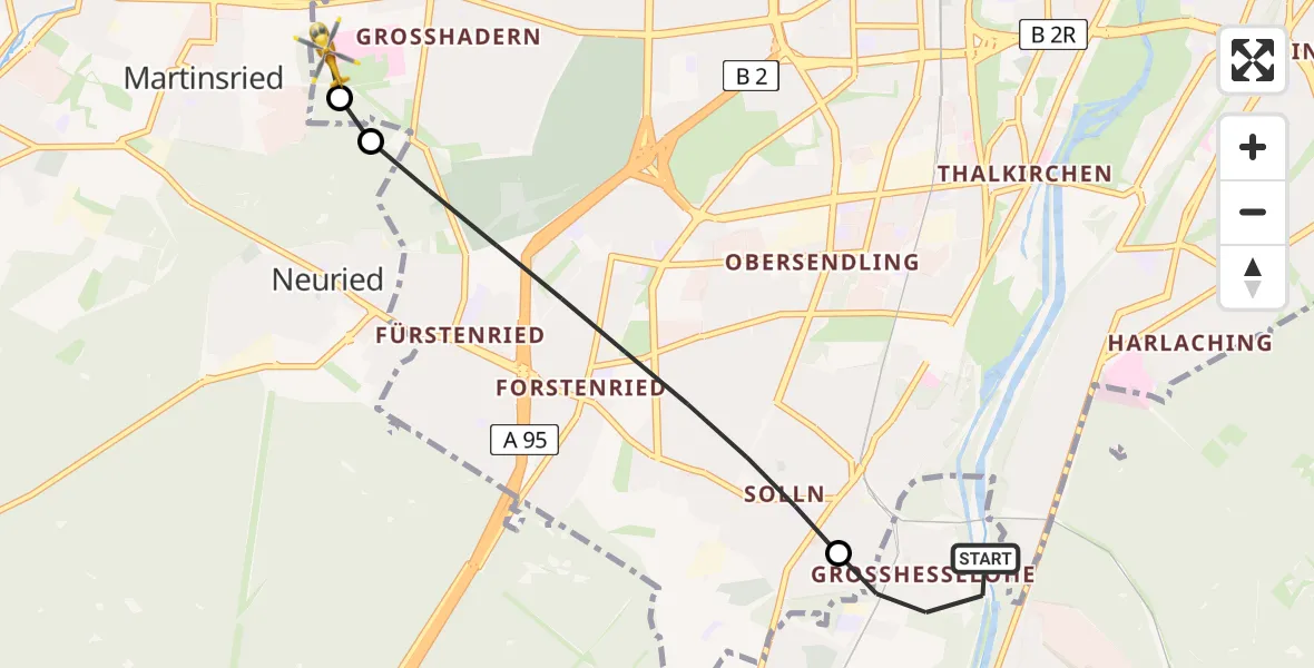 Flugroute Rettungshubschrauber Pullach i.Isartal - DRF Air Rescue München Hubschrauberlandeplatz, 25 Juli 2026, 15:30