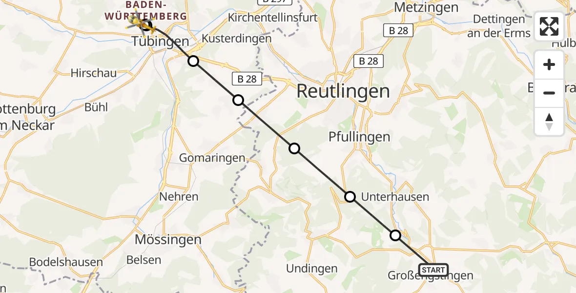 Flugroute Rettungshubschrauber Engstingen - Tübingen University Hospital, 25 Juli 2026, 15:30
