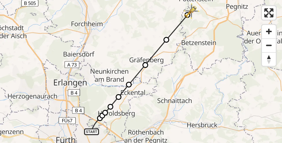 Flugroute Ambulanzhubschrauber Flughafen Nuremberg - Pottenstein, 25 Juli 2026, 15:30
