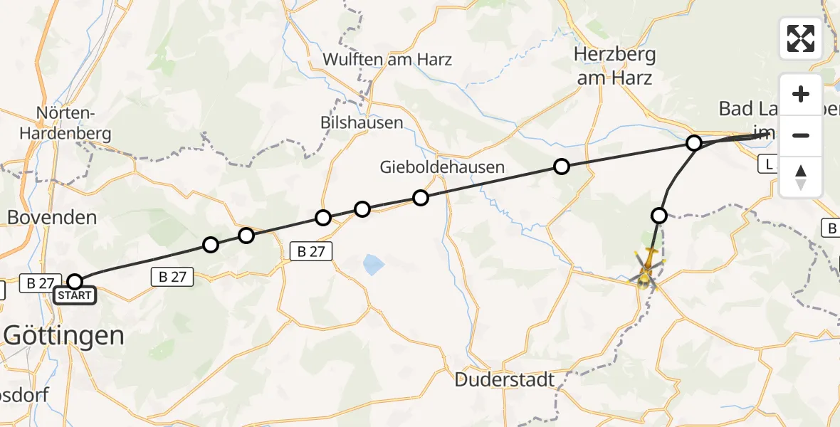 Flugroute Rettungshubschrauber Göttingen University Clinic Hubschrauberlandeplatz - Herzberg am Harz, 25 Juli 2026, 15:31