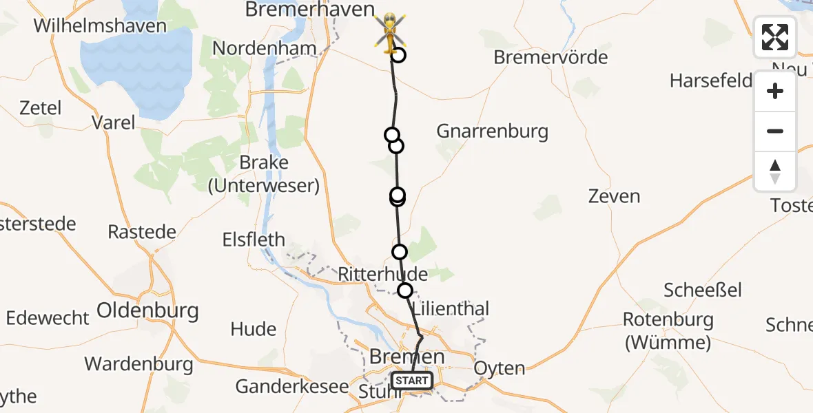 Flugroute Rettungshubschrauber Bremen - Schiffdorf, 25 Juli 2026, 15:32