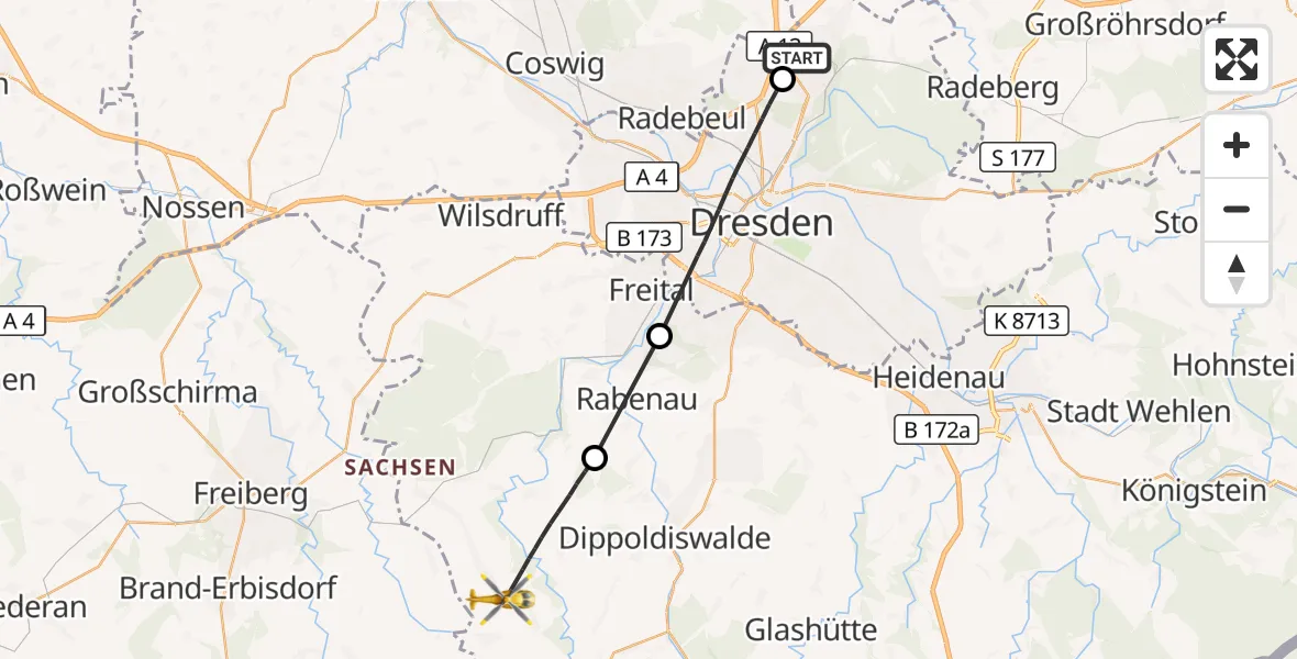 Flugroute Rettungshubschrauber Dresden Flughafen - Klingenberg, 25 Juli 2026, 15:33