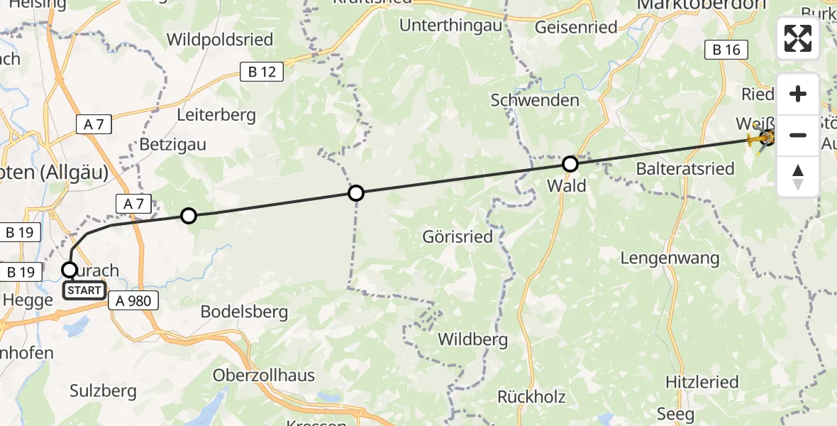 Flugroute Rettungshubschrauber Kempten-Durach Flugplatz - Marktoberdorf, 25 Juli 2026, 15:34